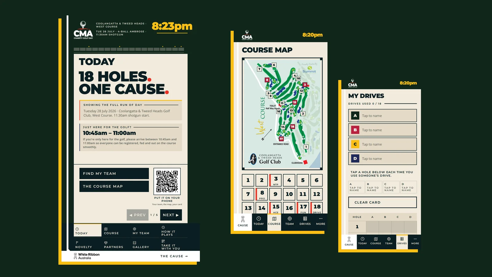 The CMA Charity Golf Day event guide shown as a portrait clubhouse kiosk beside two phone screens — the run of day, the course map and the tee-shot card