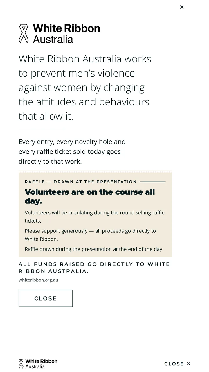 The cause screen — White Ribbon Australia on plain white with a single rule, no photography, no colour and no clock