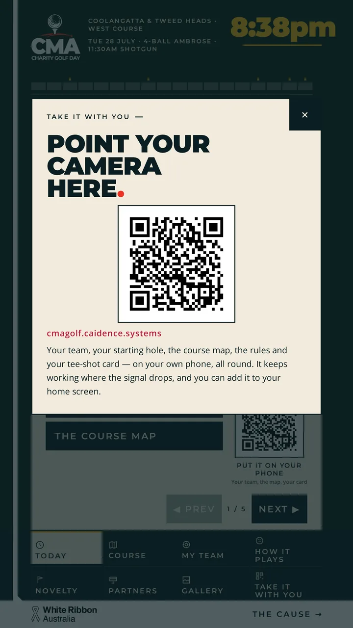 The kiosk's Take it with you screen — point your camera here, a large QR code, and a line explaining that your team, your hole, the map and your tee-shot card come with you on your phone