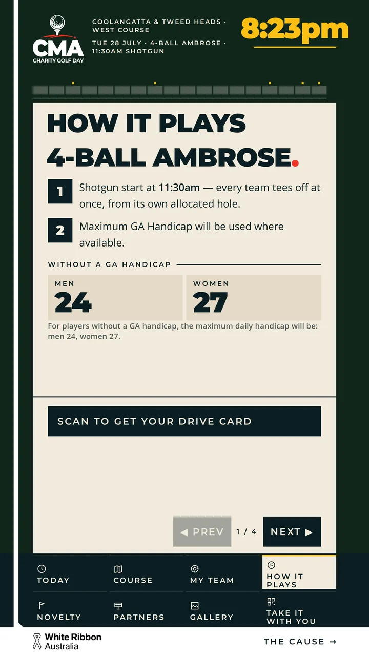 The kiosk's How it plays screen — the 4-ball Ambrose format, the shotgun start, handicap maximums and the three-drives rule set out as a numbered list