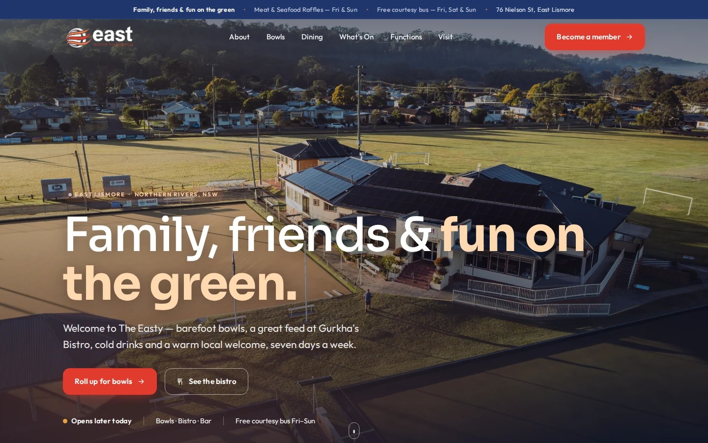 East Lismore Bowling Club website — aerial hero of the greens with barefoot bowls call-to-action