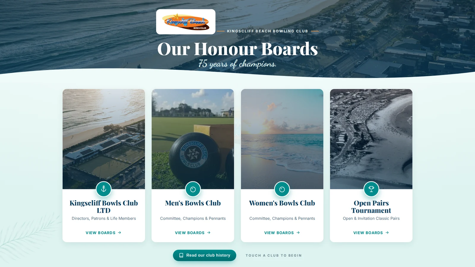 Kingscliff Beach Bowling Club honour-board kiosk — four club sections over a beach aerial