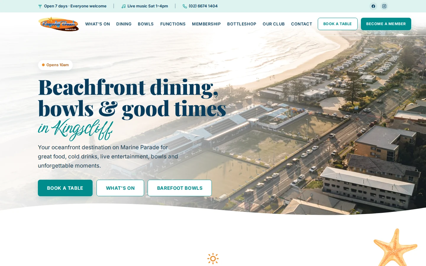 Kingscliff Beach Bowling Club website — beachfront aerial hero with booking buttons