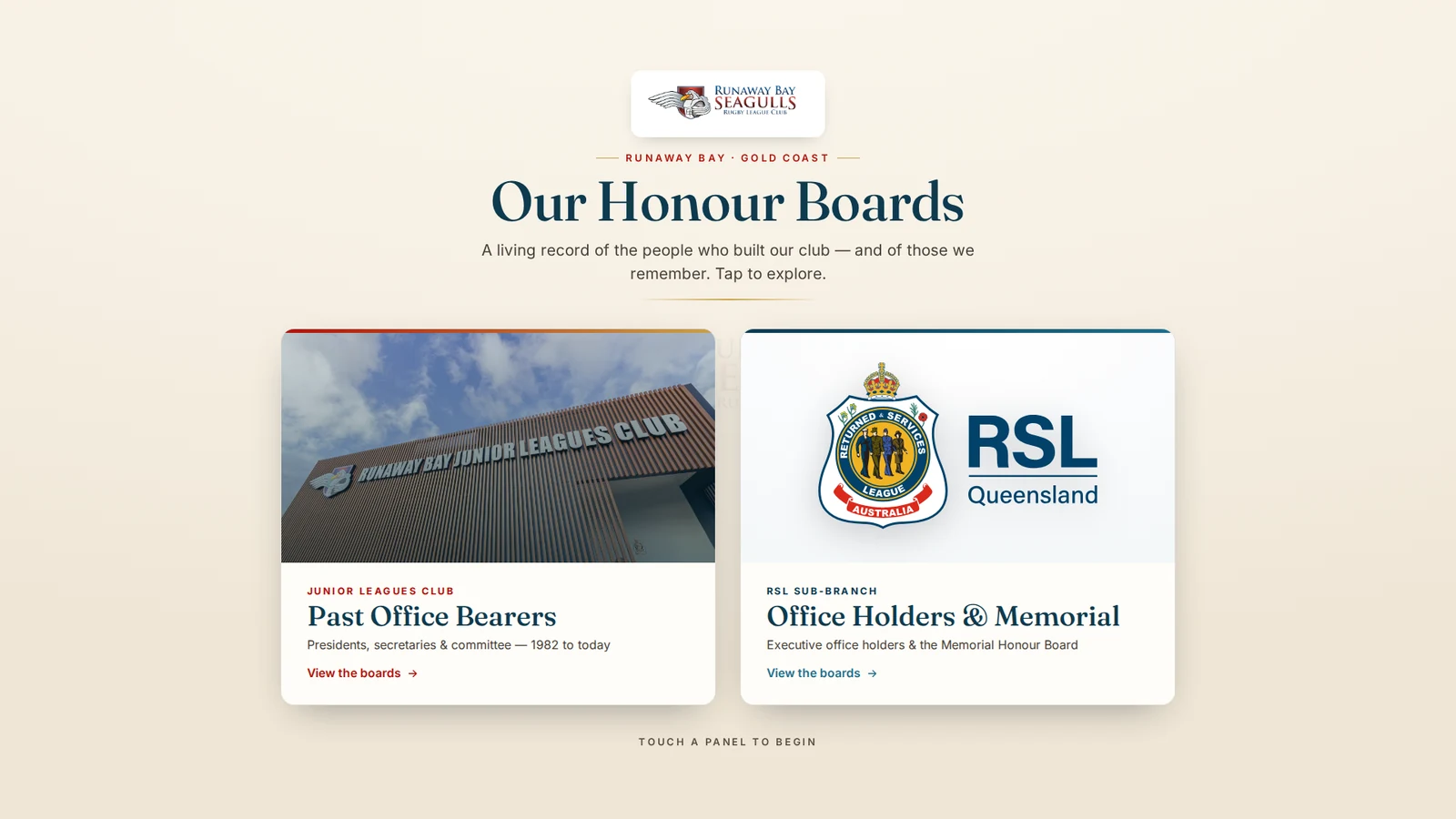 Runaway Bay heritage kiosk — Junior Leagues Club and RSL honour board panels