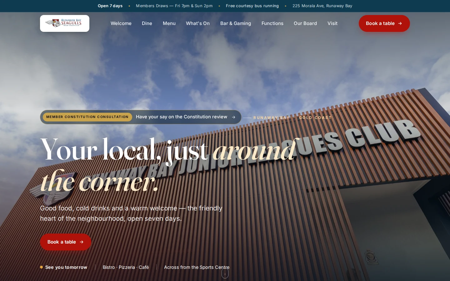 Runaway Bay Juniors website — home page hero with club facade and booking call-to-action